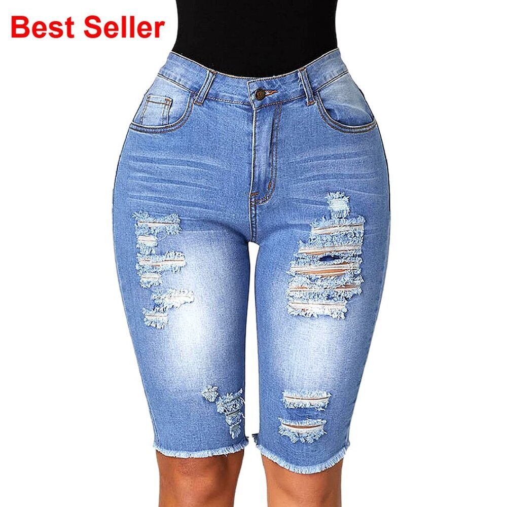 Ripped Stretchy Long Jean Shorts Mid Rise Frayed Cut Off Bermuda